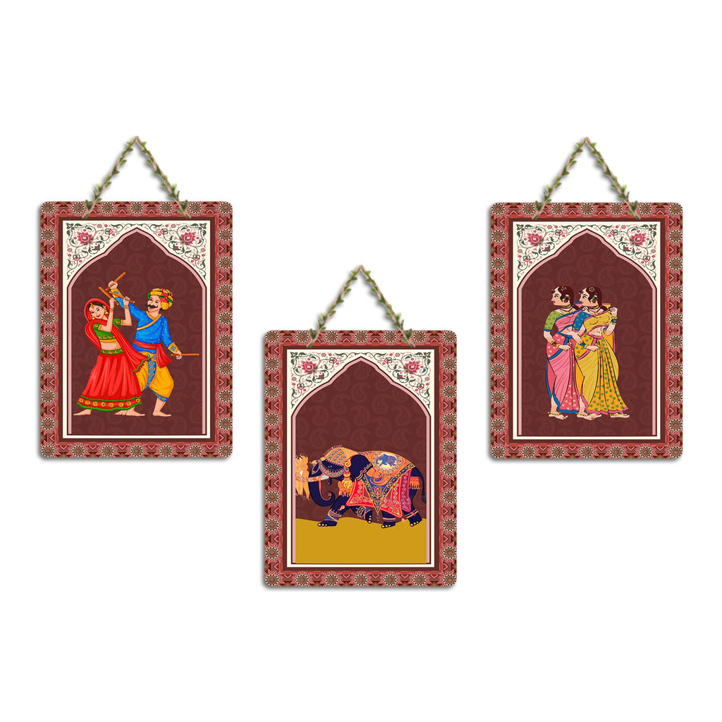 Artvibes Rajasthani Art Home Decorative MDF Wooden Wall Art for Home | Modern Decoration Items | Living Room | Bedroom | Office | Art Print | Aesthetic Wooden Decor | Ideal Gifts (WH_96148N), Set of 3