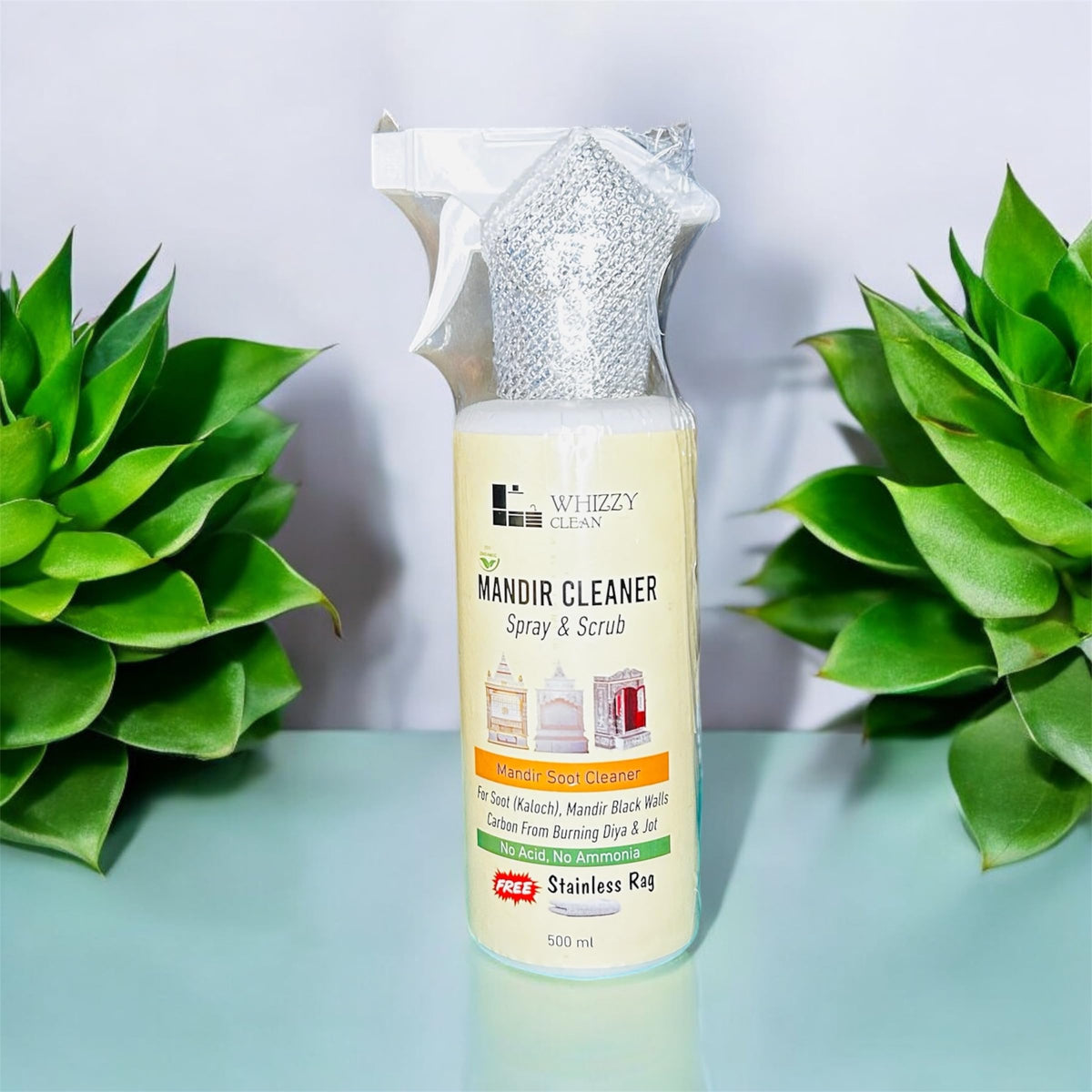 Whizzy Clean Mandir Soot & Black Wall Cleaner – 500ml | Diyas & Jot Soot Remover | No Acid, No Ammonia | Free Scrubbing Rag (1)