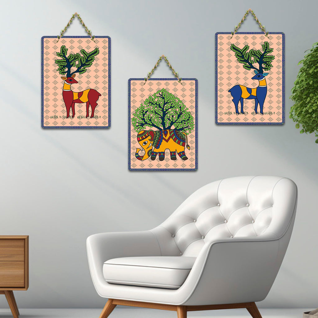 Artvibes Bond Between Nature & Animals Art Wooden Wall Hanger for Home Decor | Living Room | Office | Wall Art Painting For Hall | Graphic Artwork | Wall Art Print | Gift Items (WH_9683N), Set of 3