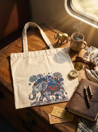 Kai Pai Co Cotton Tote Bag for Women, Indian Folk Art Prints, Casual Daily Use, Reusable Shoulder Bag,14 X 16 Inches - Madhubani, Kalamkari, Return Gifts (Travelling Elephant - Gond Art)