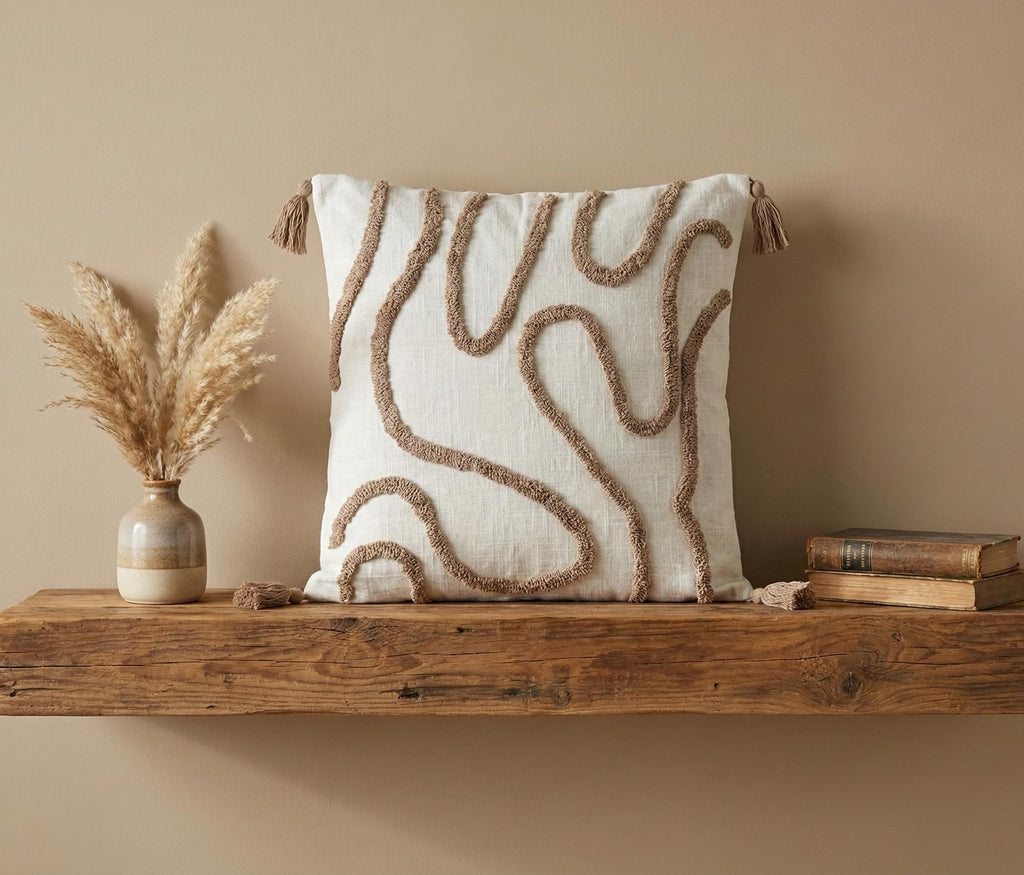 Furnistitchs Handmade Tufted Boho Cushion Covers 12x12 Inches | Embroidered Sofa Pillow Cases | Rustic Bohemian Decorative Throw Cushions for Couch Bedroom Living Room (5, Brown Thread)