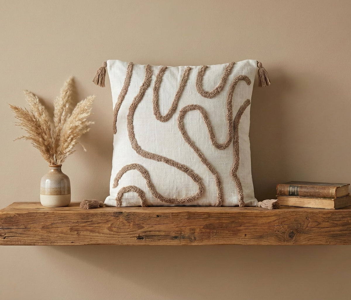 Furnistitchs Handmade Tufted Boho Cushion Covers 12x12 Inches | Embroidered Sofa Pillow Cases | Rustic Bohemian Decorative Throw Cushions for Couch Bedroom Living Room (2, Brown Thread)