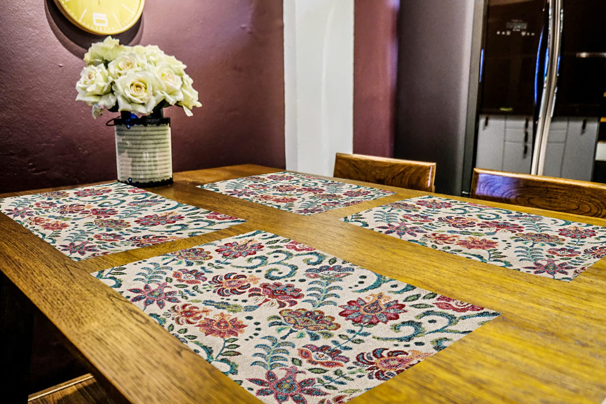 PRAKARTIK BY INDUARTS Floral Print Design Eco-Friendly Cotton Dining Rectangular Table mats - Reusable, Machine Washable, Everyday Use Multicolor Placemats, Set of 4 (33x47 cm) Kafalo