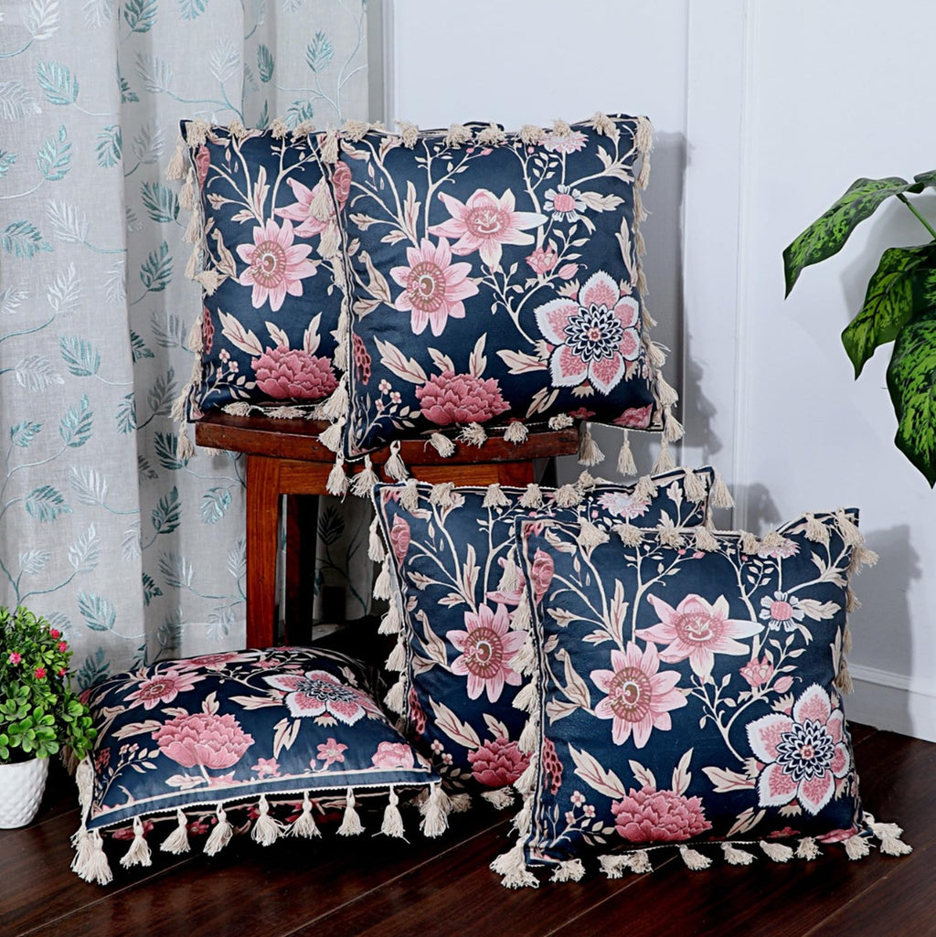 ishro home Premium Cushion Cover 16 inch x 16 inch | Set of 5 – Soft European Standard Fabric, Frill Design, Machine Washable | (5, Night Sapphire, 16x16 Inch)