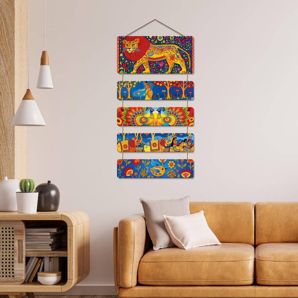 Artvibes Elephant Lion Peacock & Women Tribal Folk Art Decorative MDF Wooden Wall Art for Home | Wall Sculpture | Signs & Plaques | Handcrafted Art | Wall Poster | Art For Wall | Gifts (WH_6723N)