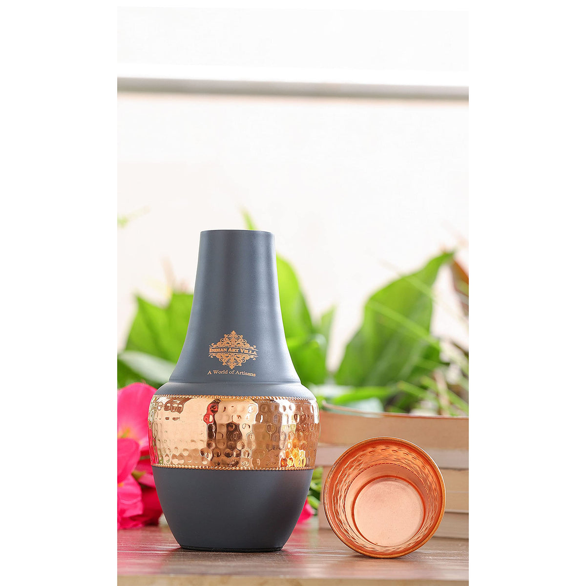 INDIAN ART VILLA Pure Copper Bedroom Water Bottle with Inbuilt Glass, Surahi Design Grey Half Silk Half Hammered Finish - Storage & Drinkware, Volume 1.25 Litre (Pack of 2)