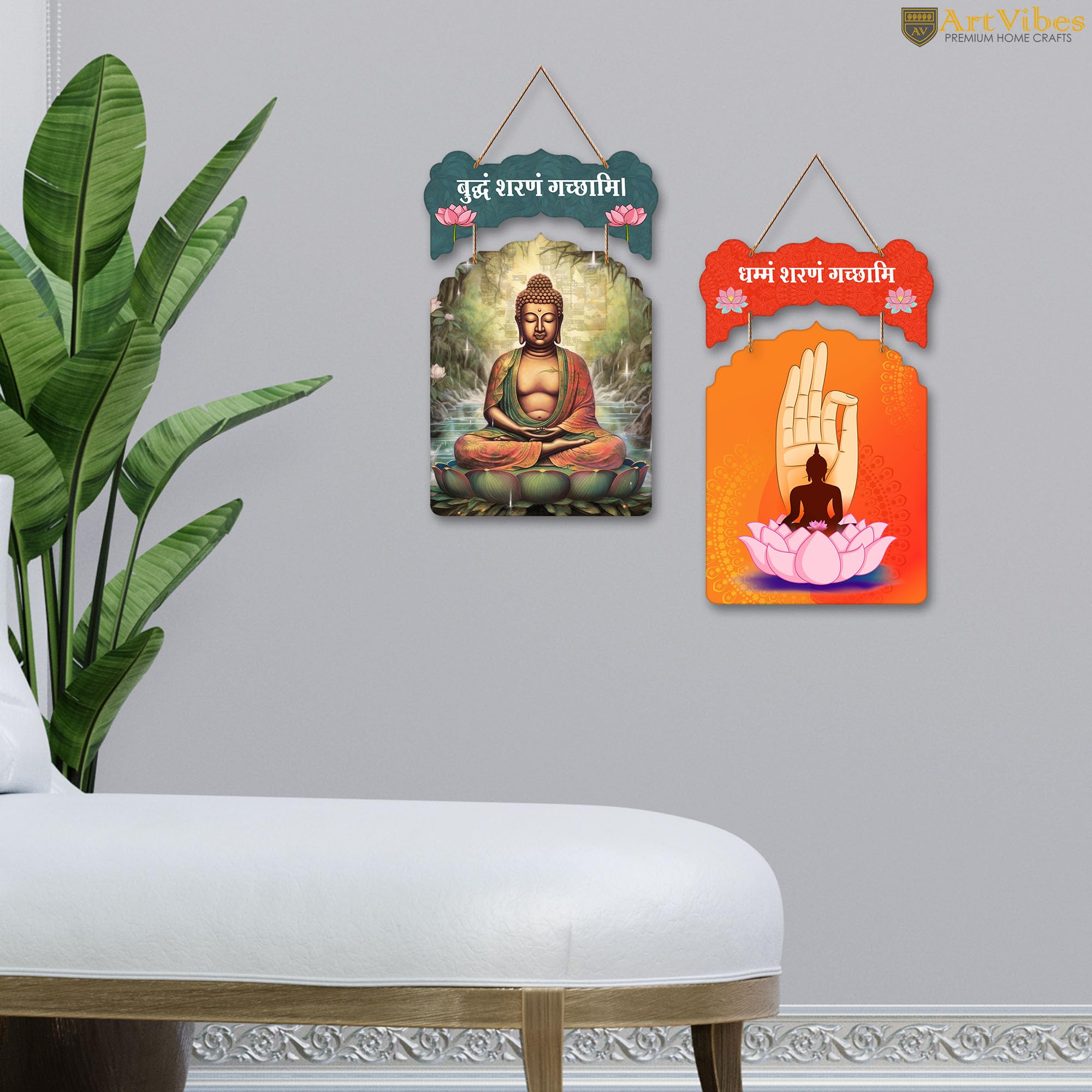 Artvibes Gautam Buddha Meditating Wooden Wall Haning for Living Room | Spiritual Decor Items | Wall Art Painting For Hall | Wall Paintings | Handcrafted Art | Poster | Gift Items (WH_9213N), Set of 2