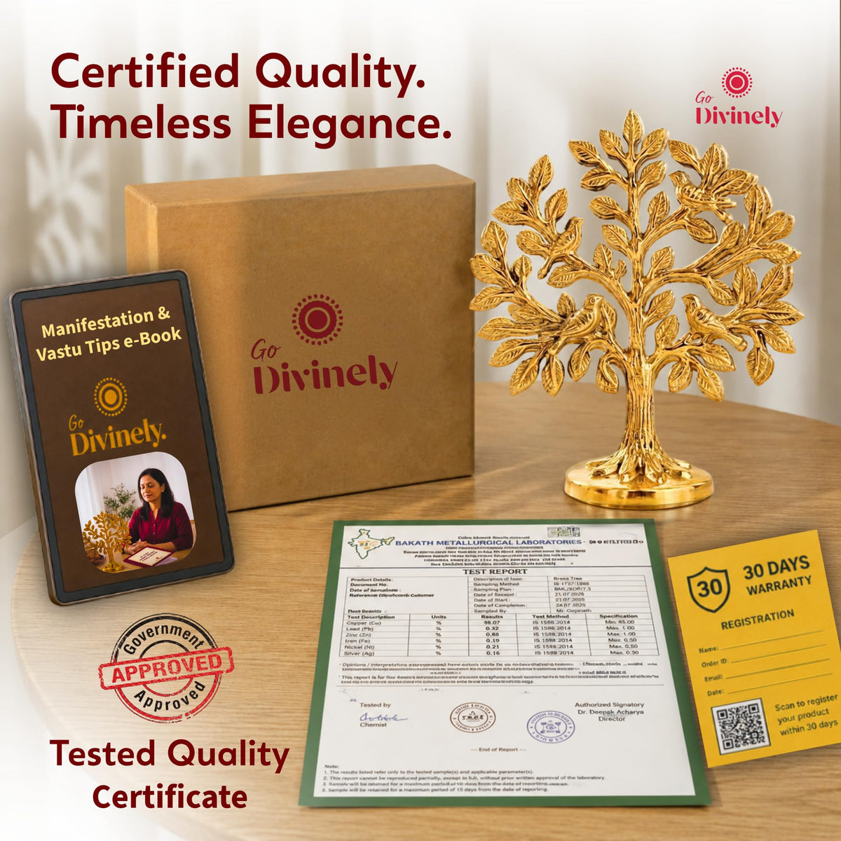 GoDivinely Certified 100% Pure Brass Kalpavriksha Tree Showpiece with 4 Birds (6 Inch) | Tree of Life Brass Decoration for Home, Vastu Decor, Housewarming Gift, Free Vastu Yoga eBook, 30 Days Warranty
