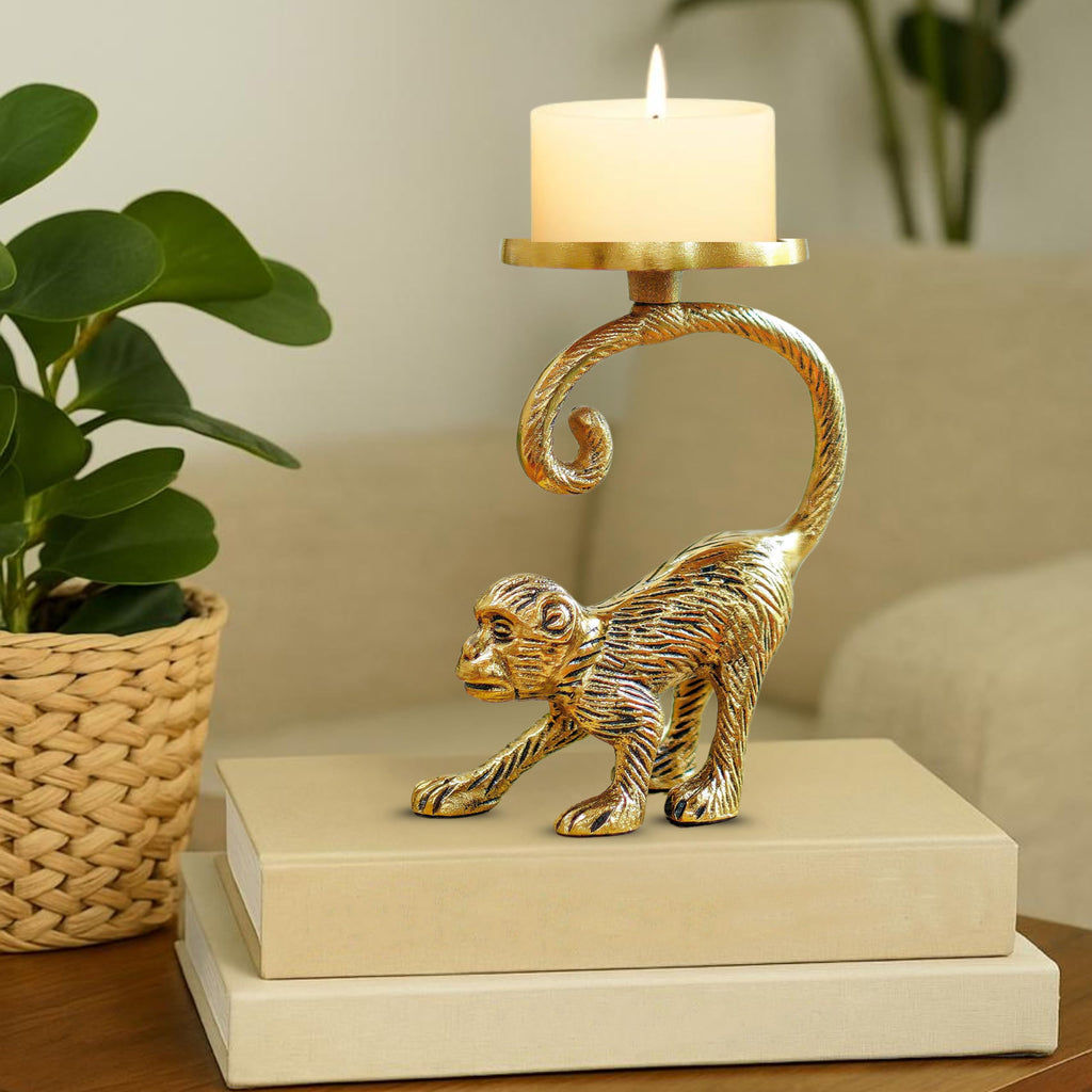 BEHOMA Metal Monkey Pillar Candle Holder Stand, Gold
