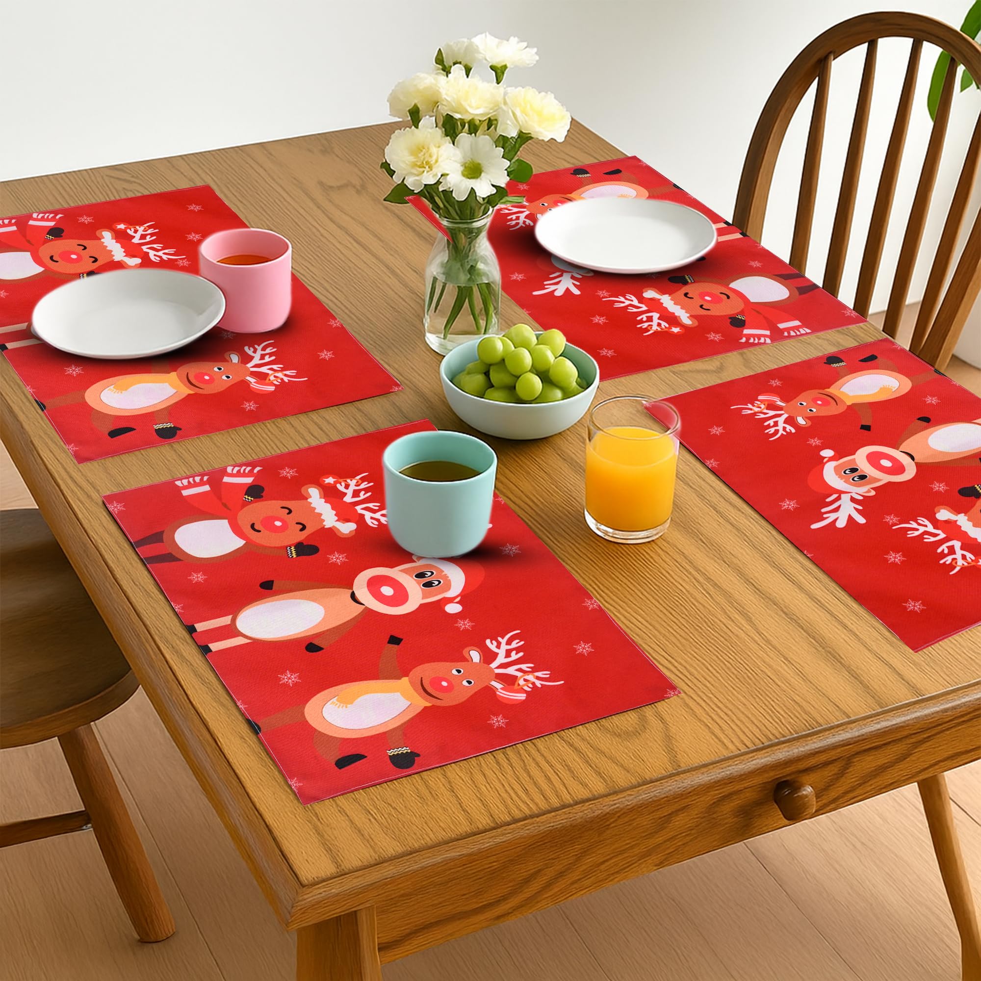 PRAKARTIK BY INDUARTS Dining Table Mats Set of 4 - Reindeer Christmas Theme,Digital Print, Washable, Indoor/Outdoor, Heat-Proof, Water Resistant, Wipe & Clean (47X33 cm) Red Kafalo