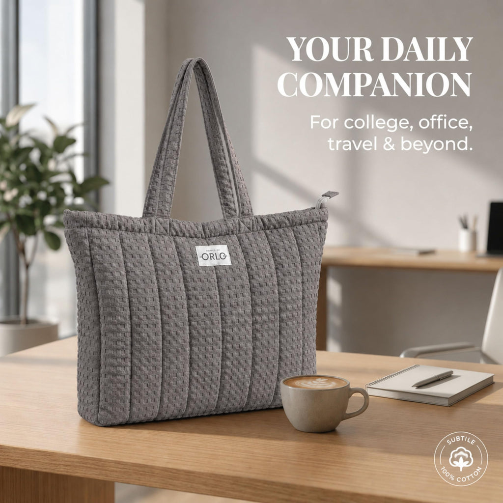 HOUSE OF ORLO Women's Cotton Quilted Aesthetic Tote Bags, Waffle Weave Handmade with Zipper and Double Handles for Women and Girls, Daily Use Handbags for College, Travel, Work (Grey)