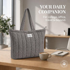 HOUSE OF ORLO Women's Cotton Quilted Aesthetic Tote Bags, Waffle Weave Handmade with Zipper and Double Handles for Women and Girls, Daily Use Handbags for College, Travel, Work (Grey)