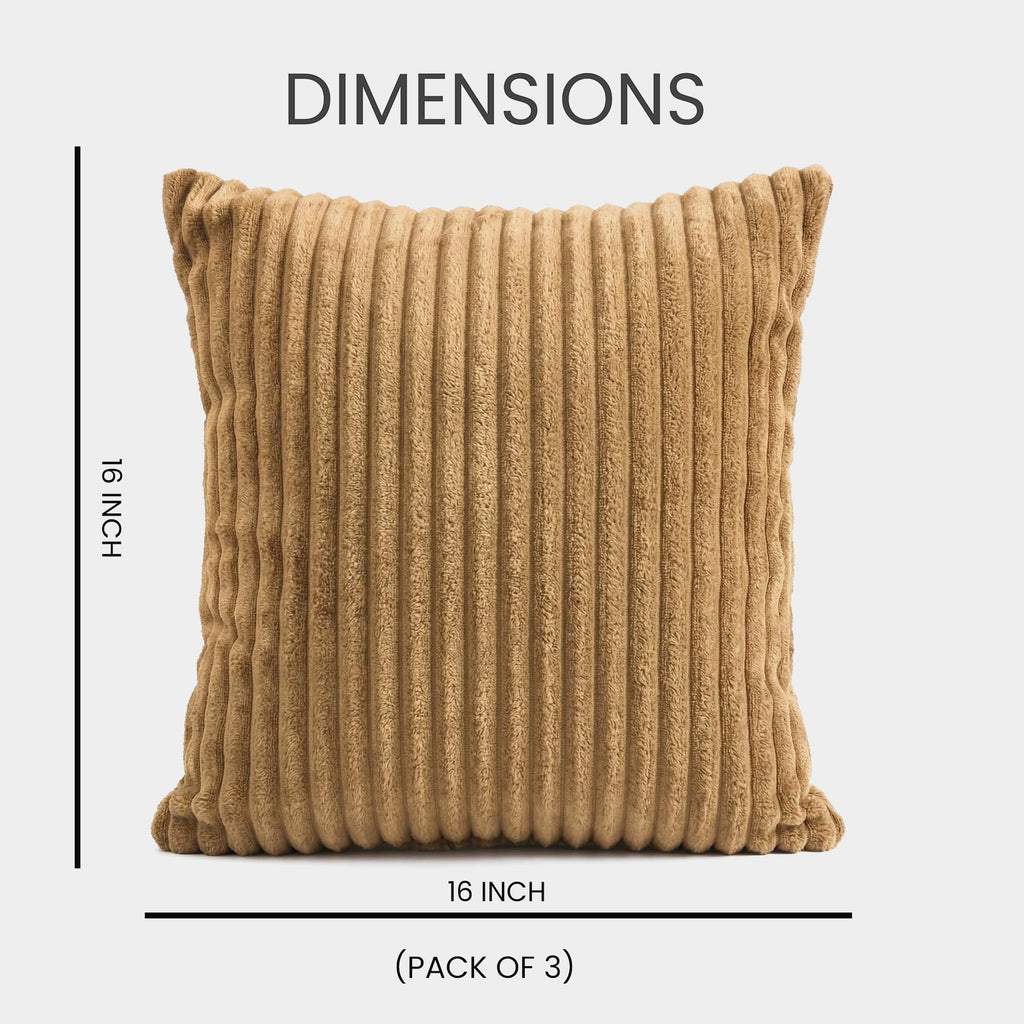 Yellow Weaves Pencil-Stripe Fur Cushion Covers | Soft Polyester | Decorative Sofa & Throw Pillow Covers | 16x16 Inches, Pack of 3 (Golden Brown)