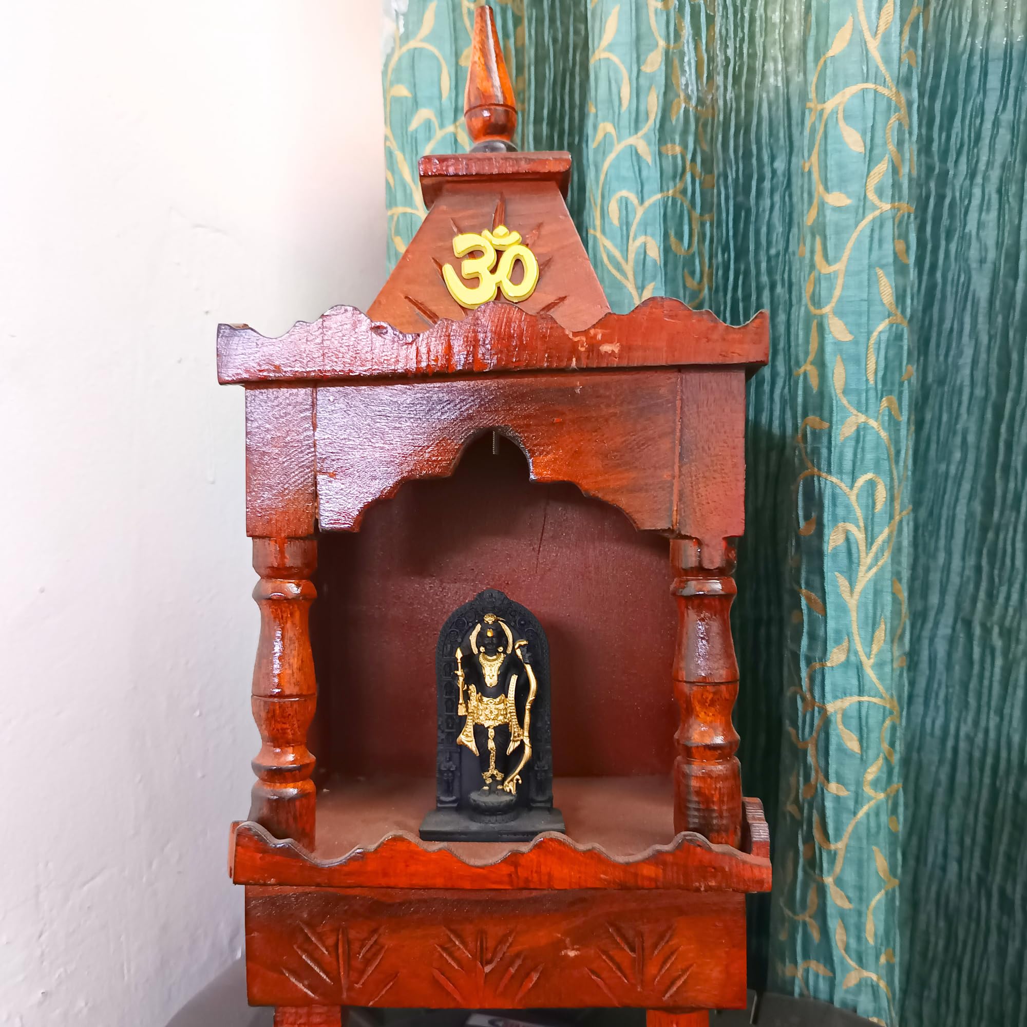 Shri Shri Handicraft Small Wooden Mandir for Home Temple with Marble Ayodhya Ram Lalla Model Idol Home, Wall Mounted Hanging Light Weight, Hindu Deity Statue