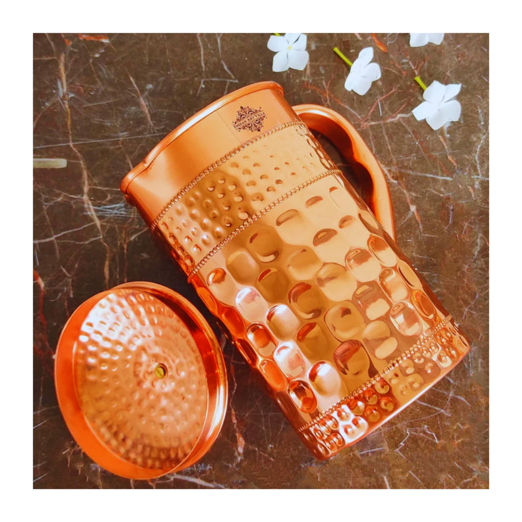 Indian Art Villa Pure Copper Jug/Pitcher with Diamond Hammered Beeding Design, Drinkware & Storage Purpose, Volume-1500 ML