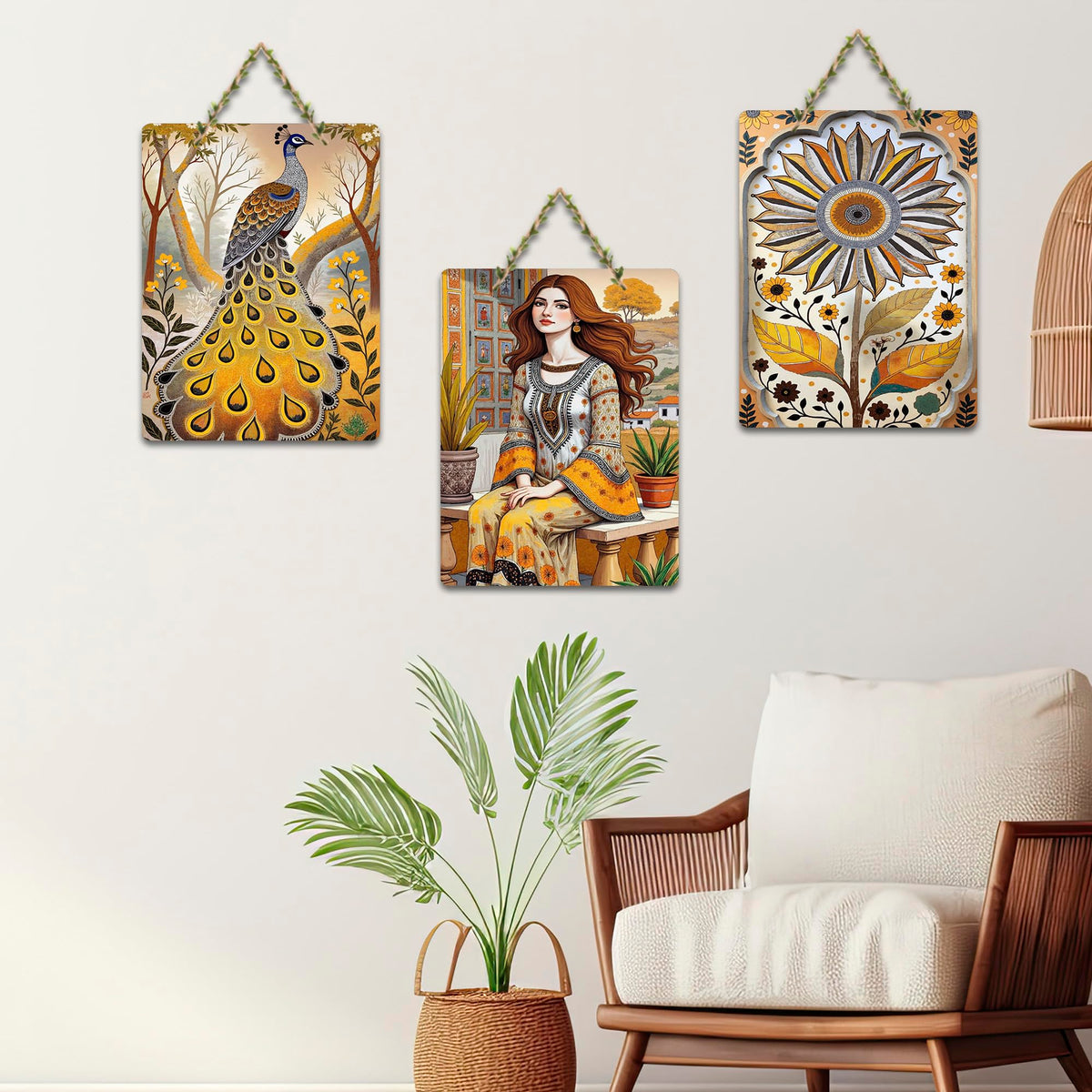 Artvibes Beautiful Girl With Peacocks & Flowers Decorative Wall Art MDF Wooden Wall Hanger for Living Room | Door Decoration Items | Artwork | Wall Poster | Unique Gift Items (WH_9693N), Set of 3