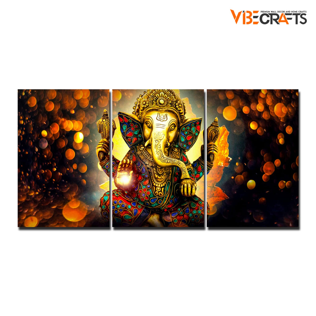VIBECRAFTS 3 Pieces Beautiful Ganesha Canvas Wall Painting Fitted With Wooden Frame For Home | Office | Living Room | Gifts(PTVC3Pcs3_11510)