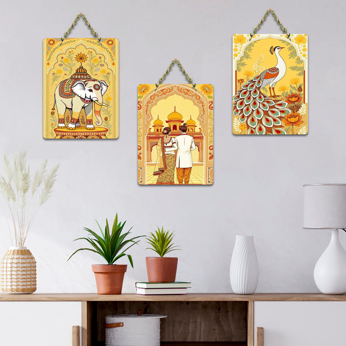 Artvibes Royal Rajasthan Wall Art Home Decorative Wall Art MDF Wooden Wall Hanger for Living Room | Festive Decor Art | Wall Sculpture | Aesthetic Wooden Decor | Unique Gift Item (WH_9641N), Set of 3