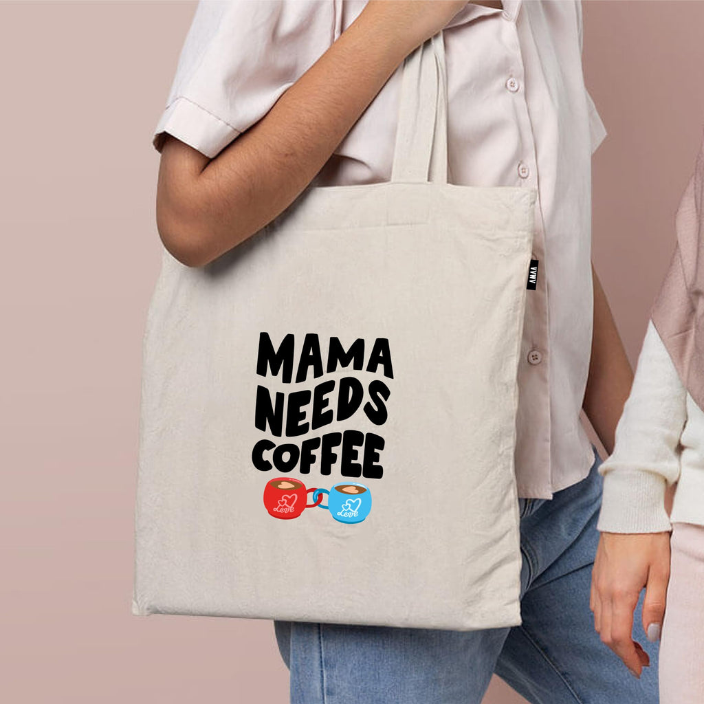 VVWV Mama Needs Coffee Funny Printed Reusable Tote Bags | 100% Organic Cotton Shopping/Grocery Bag | Multi-Purpose Bag | Sturdy Canvas Bag with 15kgs Capacity (13 x 15.7 Inch)