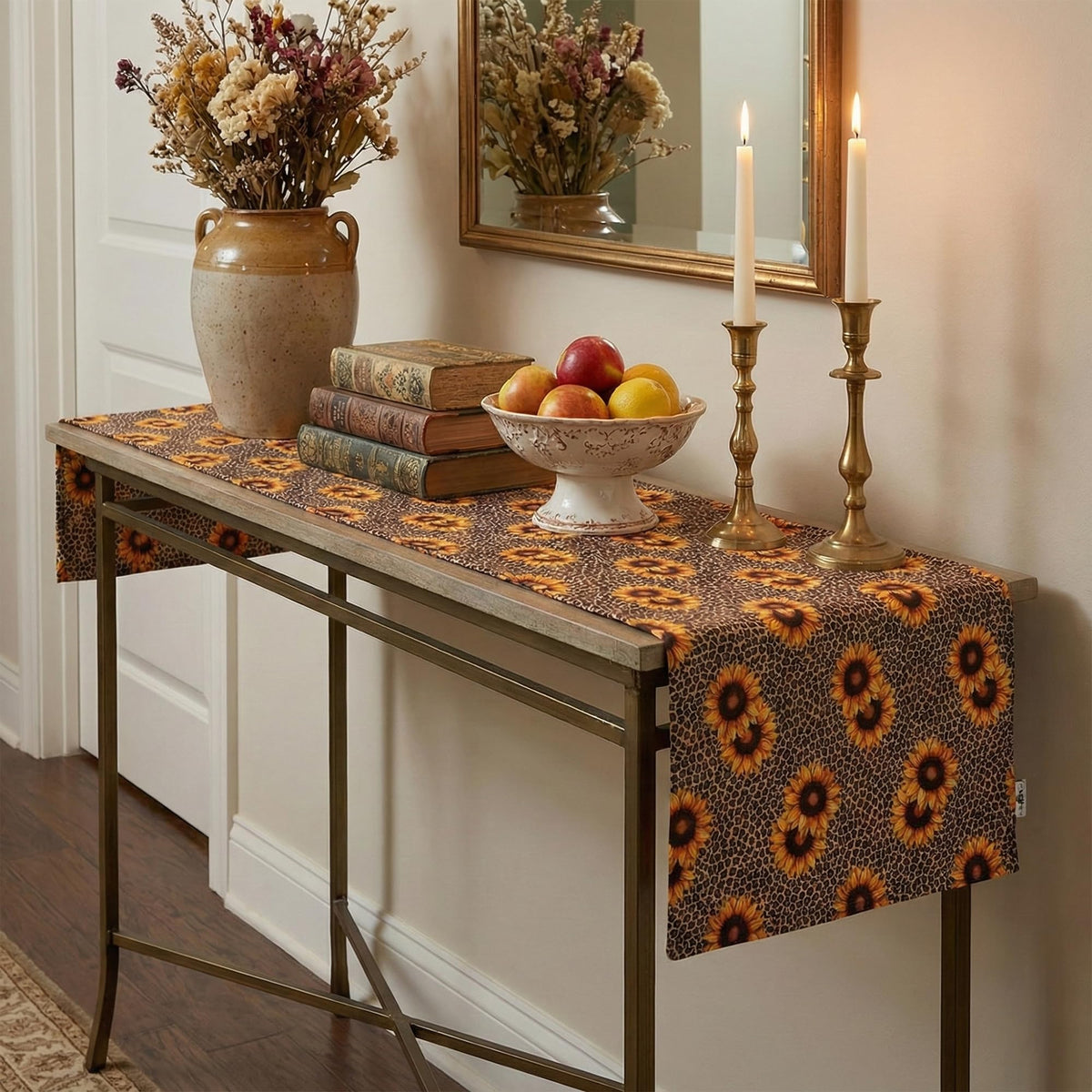 PRAKARTIK BY INDUARTS 135 cm Dining Table Runner - Sunflower Animal Print Theme,Digital Print, Washable, Indoor/Outdoor, Heat-Proof, Wipe & Clean (135X33 cm) Yellow & Brown Kafalo
