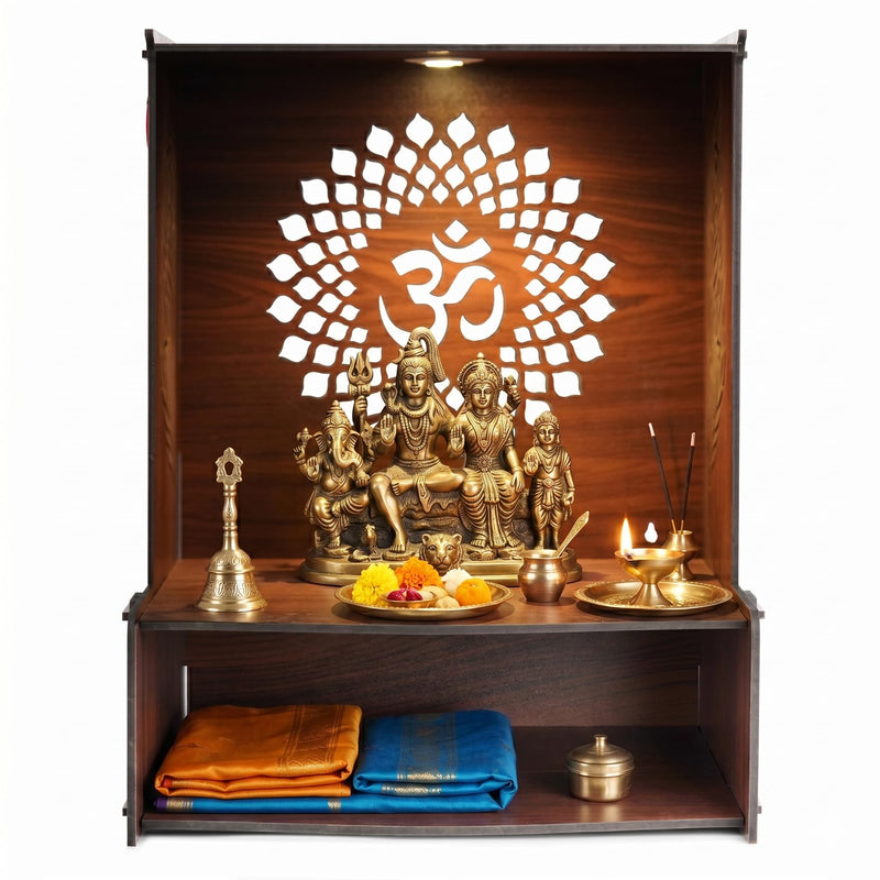 KATHORWARES Wooden Wall Mount Temple for Home with LED Spot Light | Pooja Mandir Stand for Home | Puja Mandir with Lock System & Hanging Hole | Decorative Temple for Home & Office/Shop (Om Petal)