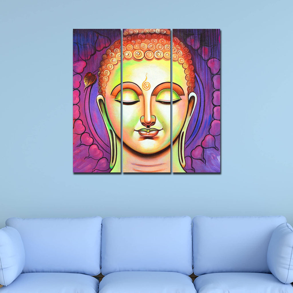 VIBECRAFTS Buddha Meditating 3 Pieces Canvas Wall Painting Fitted With Wooden Frame For Home | Office | Living Room | Gifts (PTVC3Pcs1_9594)