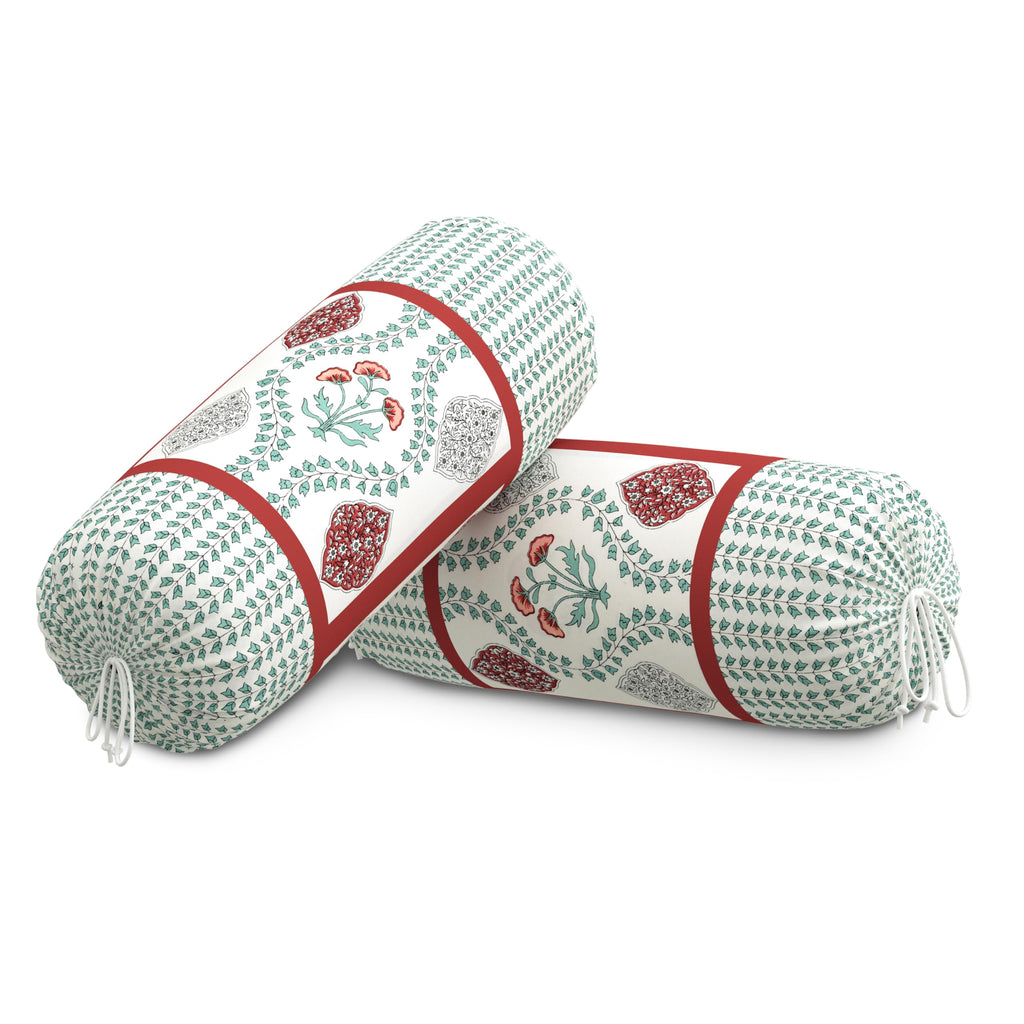 BLOCKS OF INDIA Cotton Hand Block Printed Bolster Cover | Booster Cover with Drawstring | Round Long Pillow Cover for Bed | Dewan Pillow Cover Set 16 X 32 | Set of 2 (Brick RED Motifs)