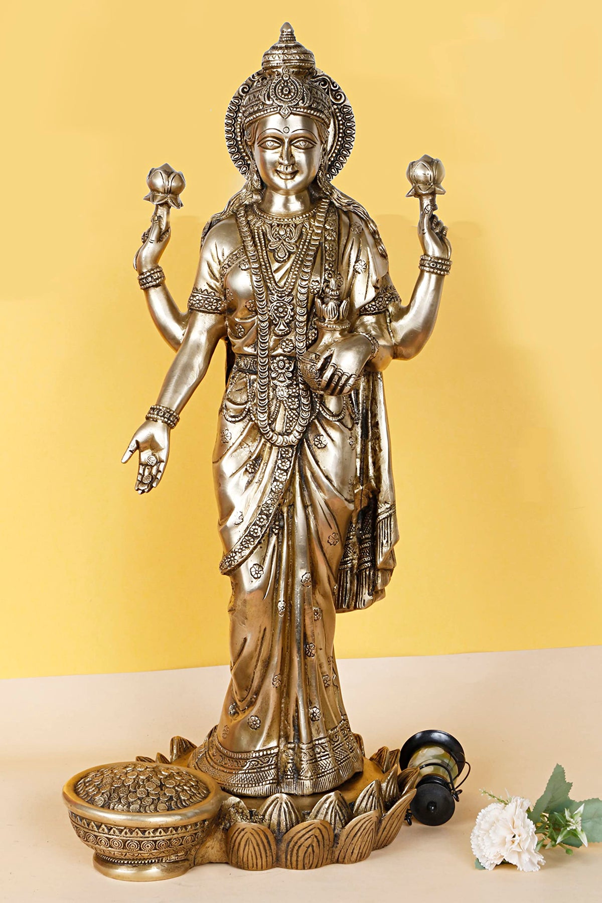 ARTVARKO 25 Inch Big Brass Laxmi Murti Lakshmi Idol Laxmi Goddess Lakshmi Standing on Lotus Statue for Home Decor Puja Mandir Temple.