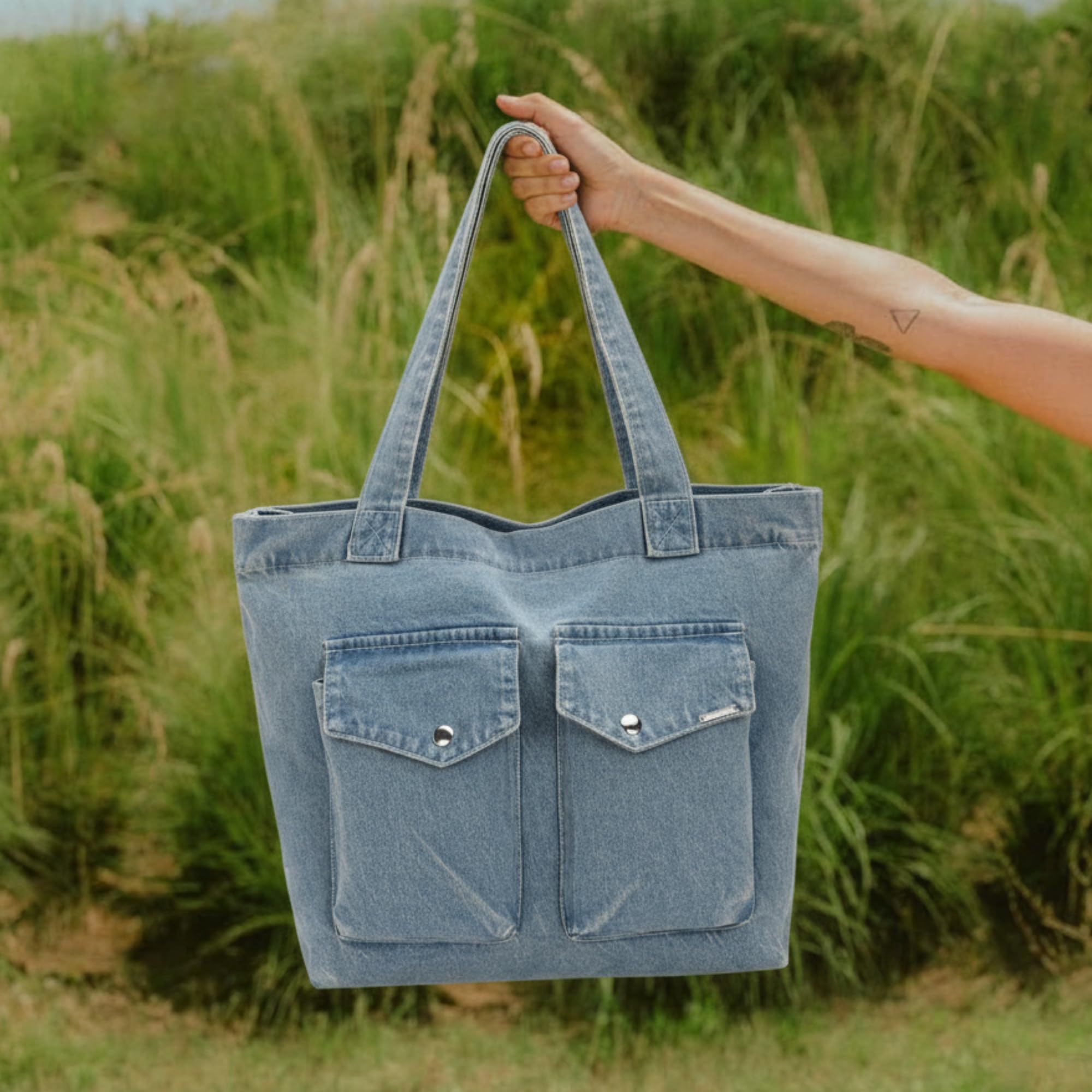 Eco Right Large Denim Tote Bag for Women, Denim Handbags for Women with Zipper, Sustainable Denim Tote for College with Inner & Outer Pockets, Shopping, Office, Travel