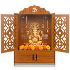 GLUN® Pack of 1 Wooden MDF Temple Mandir for Home & Shops, Size 21x16x10 Inch 1 Piece LED Light & Complete Wall Mount Kit with Door & Cabinet with Storage Space, Assembly Required, Pooja Mandir