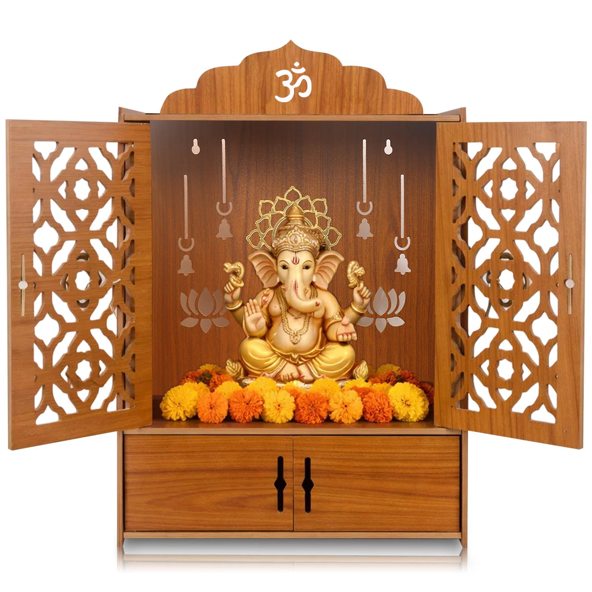 GLUN® Pack of 1 Wooden MDF Temple Mandir for Home & Shops, Size 21x16x10 Inch 1 Piece LED Light & Complete Wall Mount Kit with Door & Cabinet with Storage Space, Assembly Required, Pooja Mandir