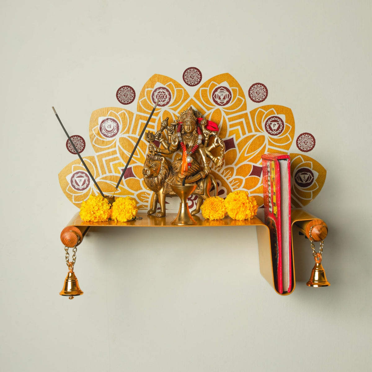 goodys Metal Pooja Mandir Shelf with Wall Sticker & 2 Pooja Bells for Mandir | Heavy Duty Wall Mounted Temple for Home & Office | Mandala Art Wall Decor | Haldi Yelllow |Beachwood Diwali Pooja Shelf