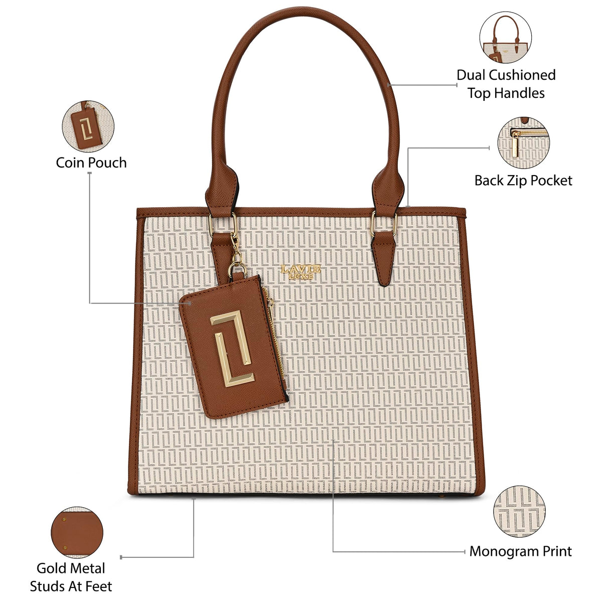 Lavie Luxe Women's Monogram Quad26 Large Tote Handbag | Tote Bag For Work | Ladies purse | Stylish Shoulder Bag | Gift For Women
