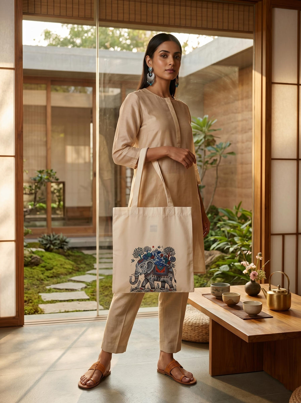 Kai Pai Co Cotton Tote Bag for Women, Indian Folk Art Prints, Casual Daily Use, Reusable Shoulder Bag,14 X 16 Inches - Madhubani, Kalamkari, Return Gifts (Travelling Elephant - Gond Art)