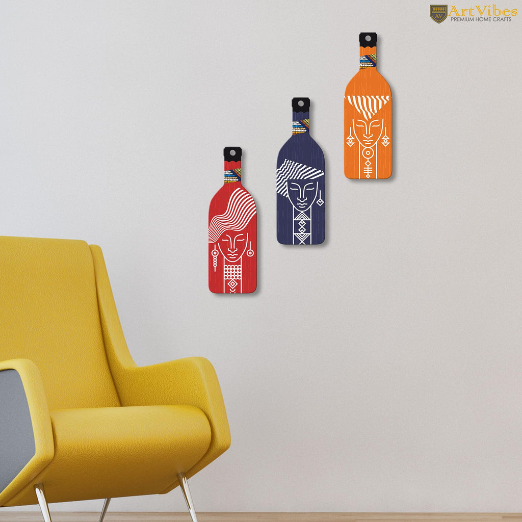 Artvibes Tribal Warli Art Decor Bottle shaped Wooden Wall Hanging | Living Room | Office | Cafe | Handcrafted Art | Wall Accent | Art Painting | Artworks Hangings | Gift Items (WH_9511N), Set of 3