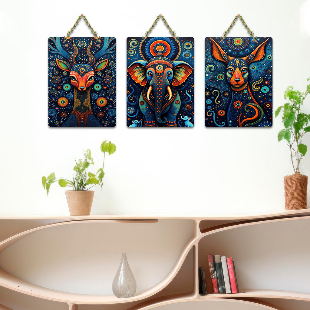 Artvibes Psychedelic Elephant Deer & Dog Cosmic Wildlife Art Decorative Wall Hanging Ornaments | Wall Accent | Sceneries | Aesthetic Wooden Decor | Graphic Artwork | Unique Gift (WH_9646N), Set of 3