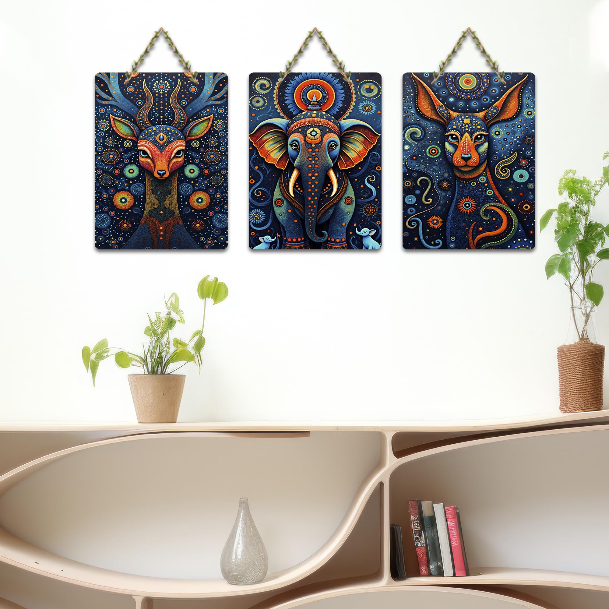Artvibes Psychedelic Elephant Deer & Dog Cosmic Wildlife Art Decorative Wall Hanging Ornaments | Wall Accent | Sceneries | Aesthetic Wooden Decor | Graphic Artwork | Unique Gift (WH_9646N), Set of 3