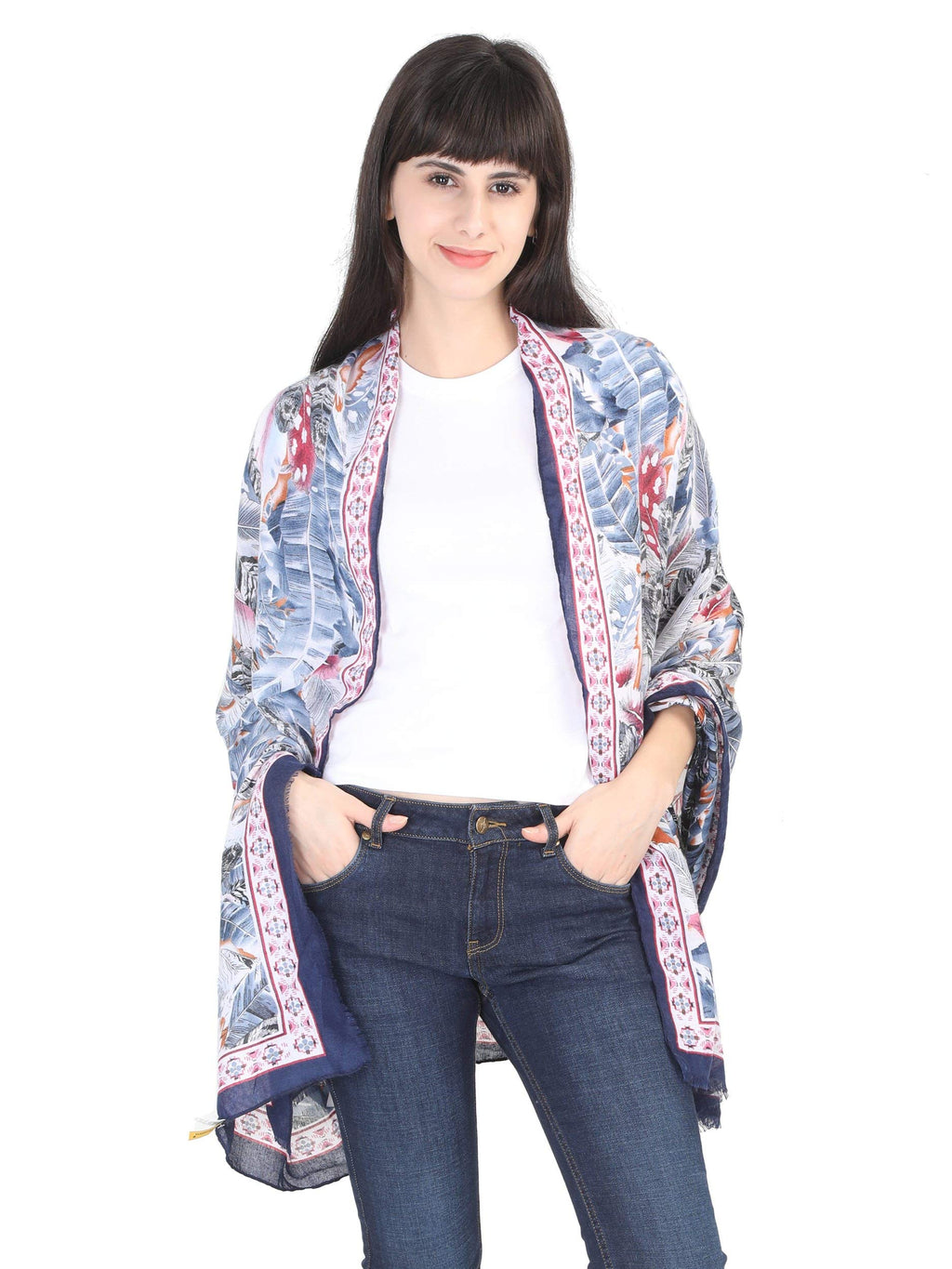 FabSeasons Women's Premium Printed Cotton Long Scarf for Summer and Winter (Size 95 x 190 cm, Navy Blue)