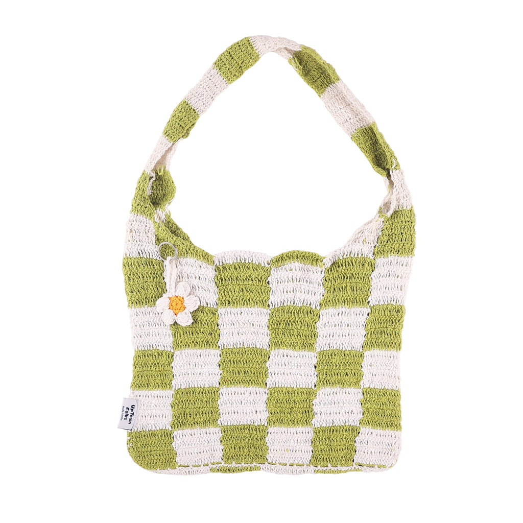 UpTown Folks Handmade Crochet Handbag for Girls & Women – White & Green Checkered Design, Lightweight & Spacious for Beach, Picnic & Everyday Use.