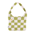 UpTown Folks Handmade Crochet Handbag for Girls & Women – White & Green Checkered Design, Lightweight & Spacious for Beach, Picnic & Everyday Use.