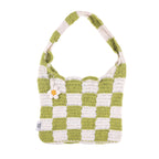 UpTown Folks Handmade Crochet Handbag for Girls & Women – White & Green Checkered Design, Lightweight & Spacious for Beach, Picnic & Everyday Use.