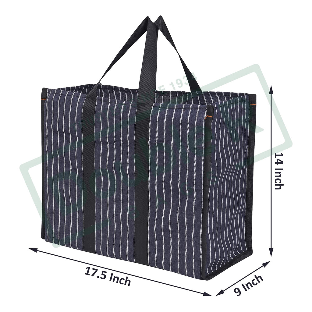 DOUBLE R BAGS Big Eco Cotton Canvas Shopping Bag | Navy Jhola Bag for Milk, Grocery, Fruits & Vegetables | Reinforced Handles | 43×21×35.5 cm | 1 Compartment Kitchen Essential (Pack of 3)