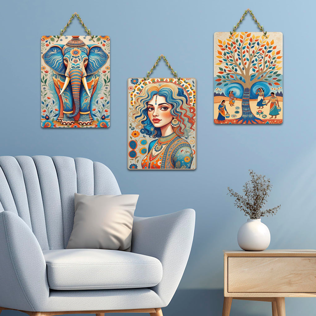 Artvibes Elephant Woman & Village Life Folk Art Decorative Wall Hanging Ornaments | Handcrafted Art | Festive Decor | Wall Illustrations | Paintings For Wall | Unique Gift (WH_9690N), Set of 3