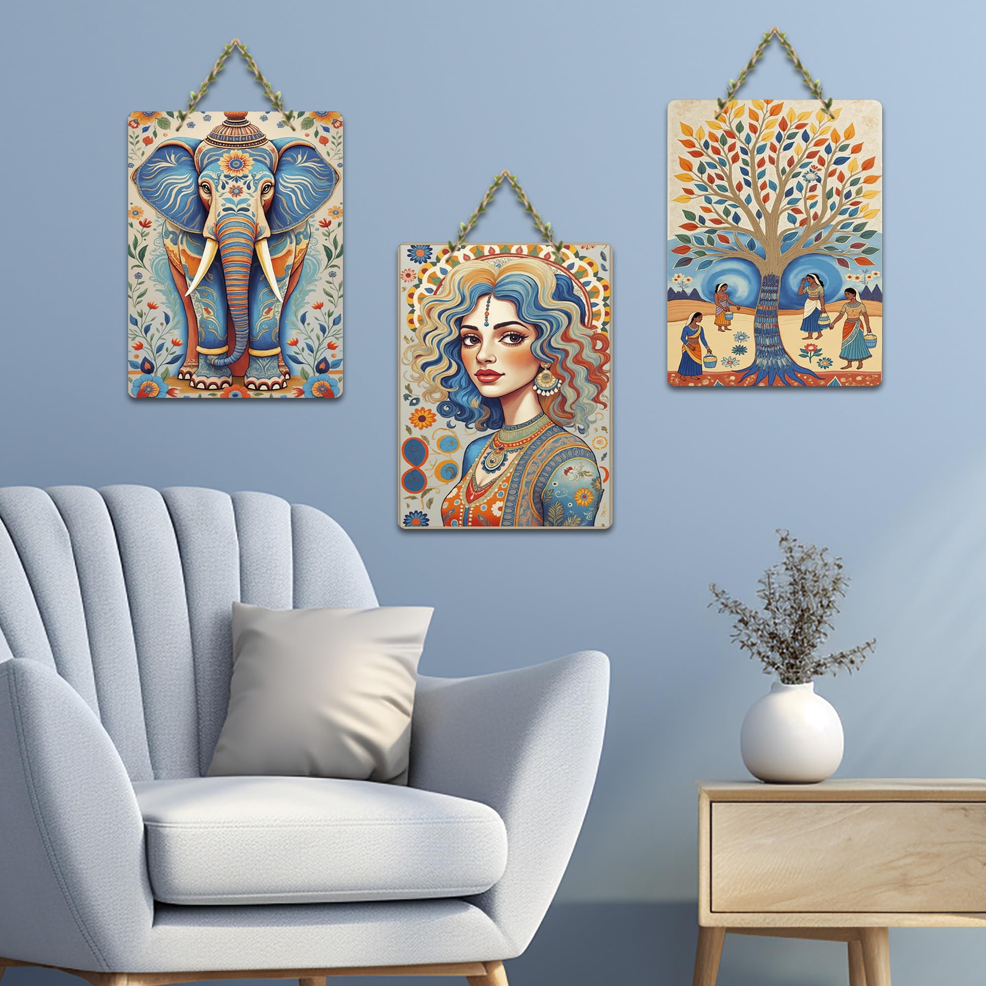 Artvibes Elephant Woman & Village Life Folk Art Decorative Wall Hanging Ornaments | Handcrafted Art | Festive Decor | Wall Illustrations | Paintings For Wall | Unique Gift (WH_9690N), Set of 3