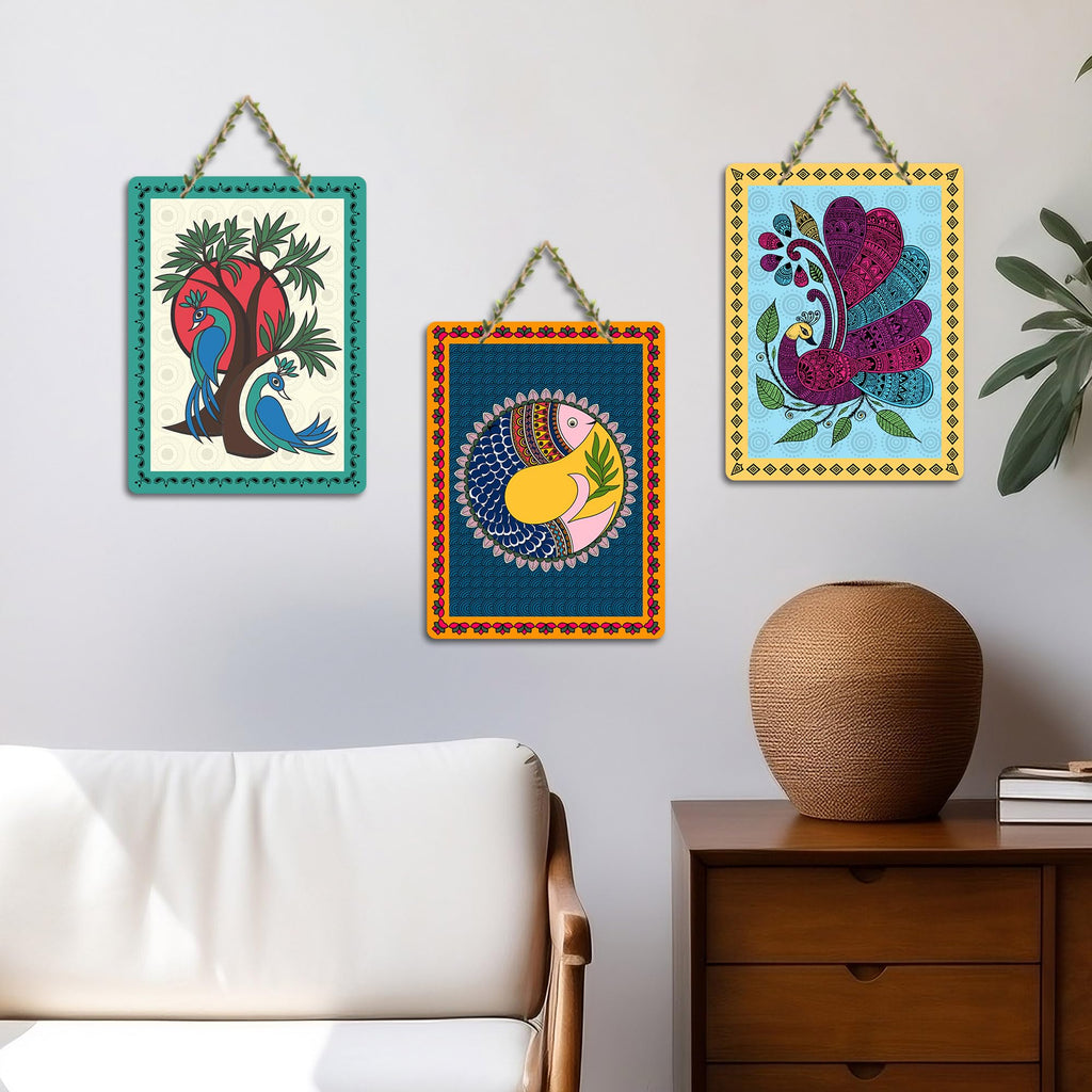 Artvibes Peacock Madhubani Art Decorative Wall Hanging Ornaments | Living Room | Office | Cafe | Painting Wall Decor | Wall Art Print | Ethnic Wall Decor | Unique Gift Items (WH_9601N), Set of 3
