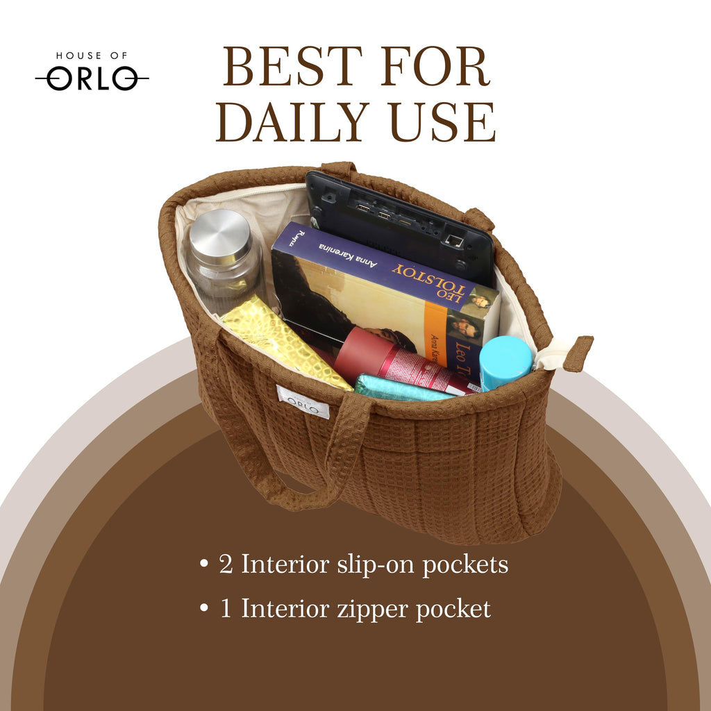 HOUSE OF ORLO Premium Cotton Waffle Quilted Tote Bag, Large Spacious Handbag for College, Office, Work, Travel, Shopping & Daily Use - Brown