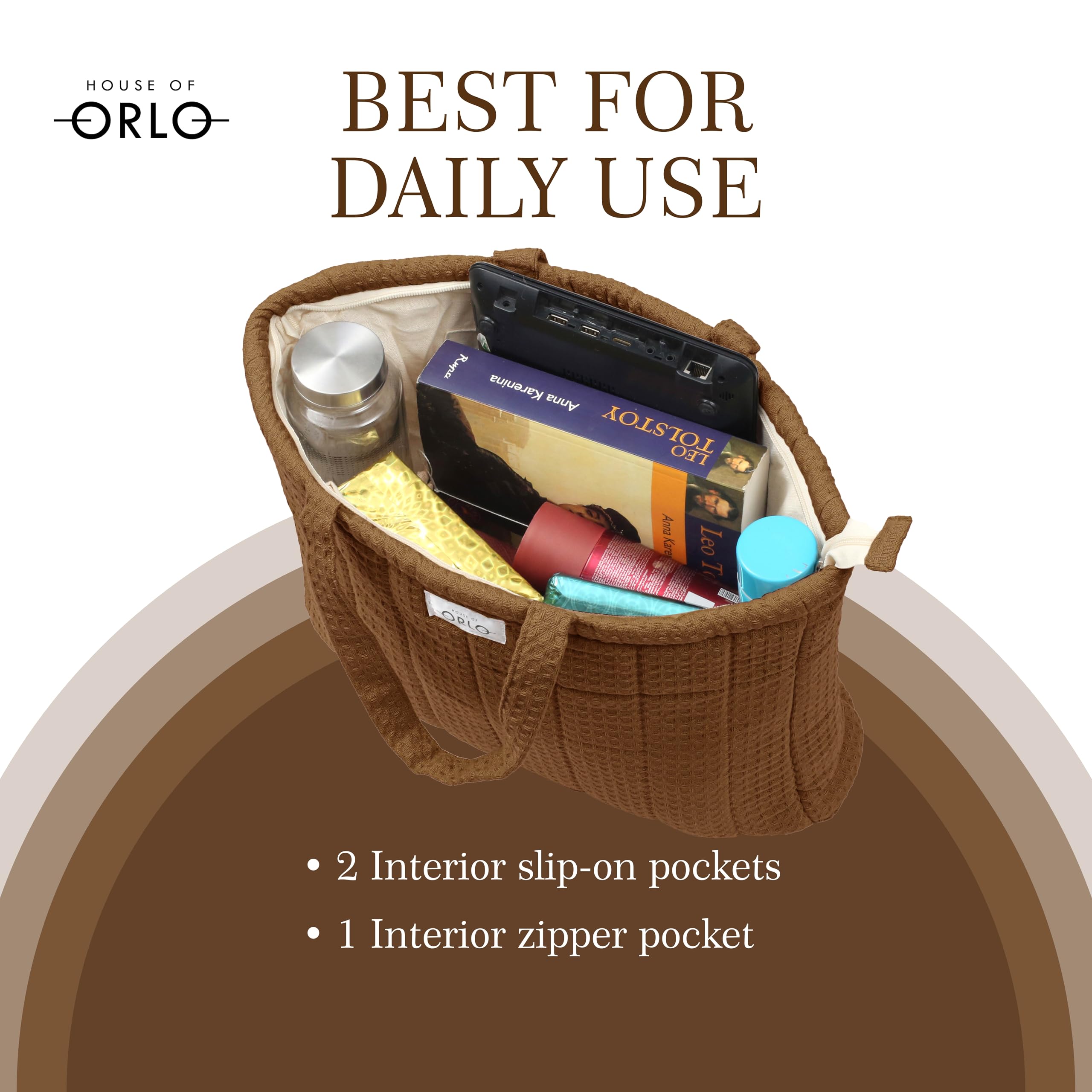 HOUSE OF ORLO Premium Cotton Waffle Quilted Tote Bag, Large Spacious Handbag for College, Office, Work, Travel, Shopping & Daily Use - Brown
