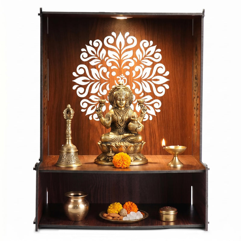 KATHORWARES Wooden Wall Mount Temple for Home with LED Spot Light | Pooja Mandir Stand for Home | Puja Mandir with Lock System & Hanging Hole | Decorative Temple for Home & Office/Shop (Om Floral)