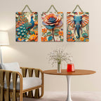 Artvibes Nature Harmony Artistic Elephant Floral Peacock & Rose Designer Wooden Wall Hanger for Home Decor | Wall Accent | Sceneries | Wall Poster | Graphic Artwork | Gift Items (WH_9639N), Set of 3