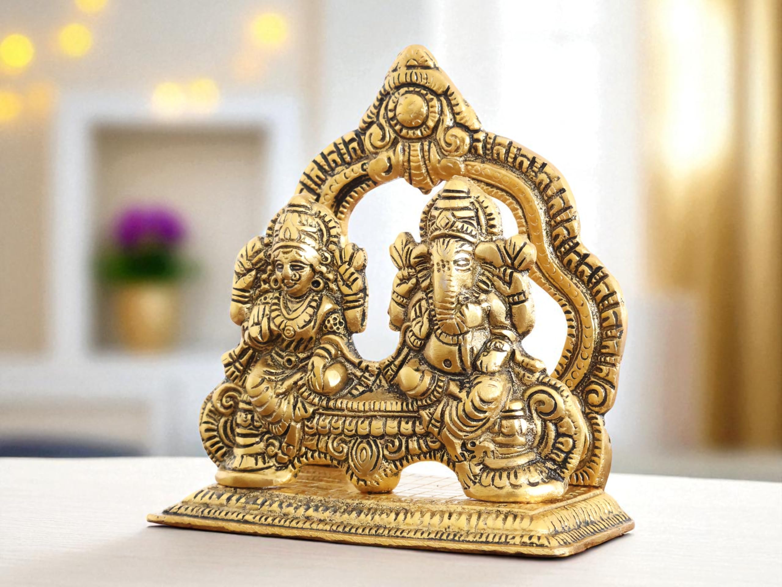KridayKraft Metal Lakshmi & Ganesha Idol Pair – Gold-Finish Mini Statues (12 cm 5 Lenth × 12 Cm Hight 5), 200 g – Auspicious Home Puja Decor & Diwali Gift